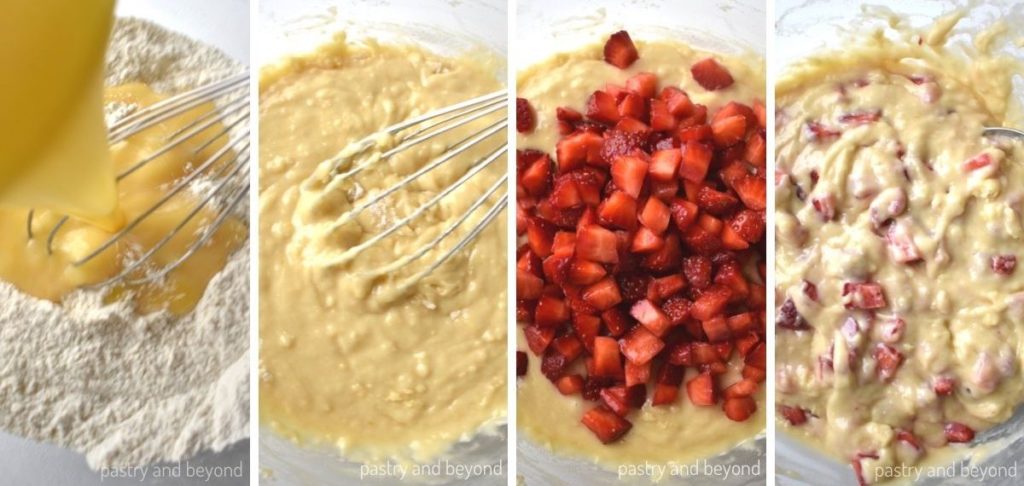 Collage of adding wet mixture over flour mixture and stirring and folding strawberries with a spoon.