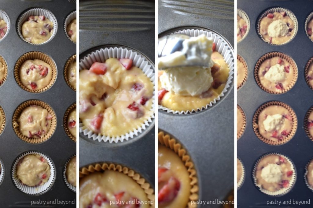 Collage that shows how to assemble the muffins batter and cream cheese filling. 