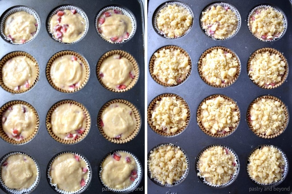 Collage that shows the muffin batter in a  muffin tin and the crumbles on top.