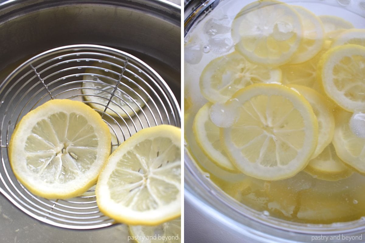 Collage for removing the lemon slices after blanching and placing into ice water.