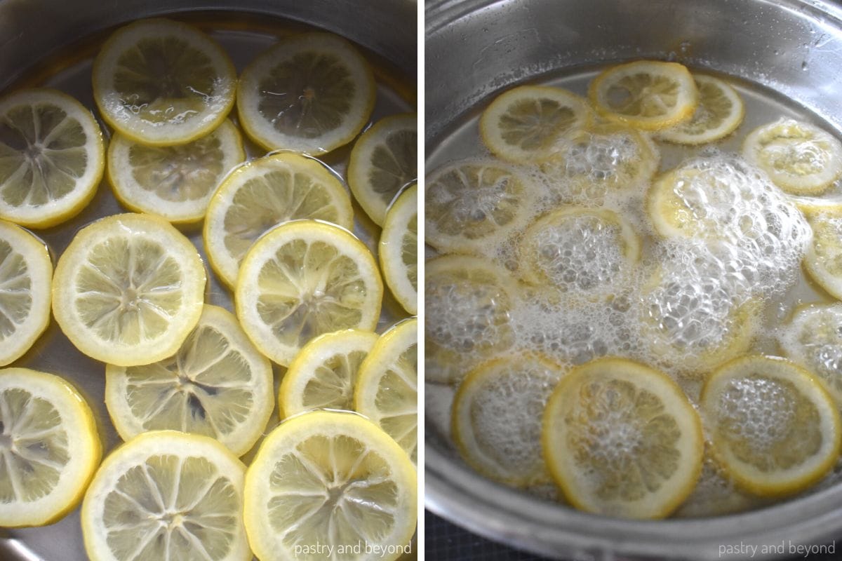 Collage for placing and simmering lemon slices in a syrup.