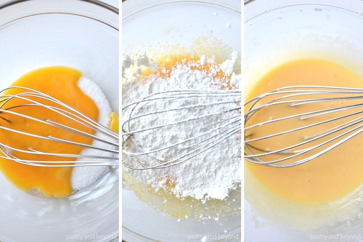 Collage for stirring egg yolks with sugar and mixing in cornstarch.