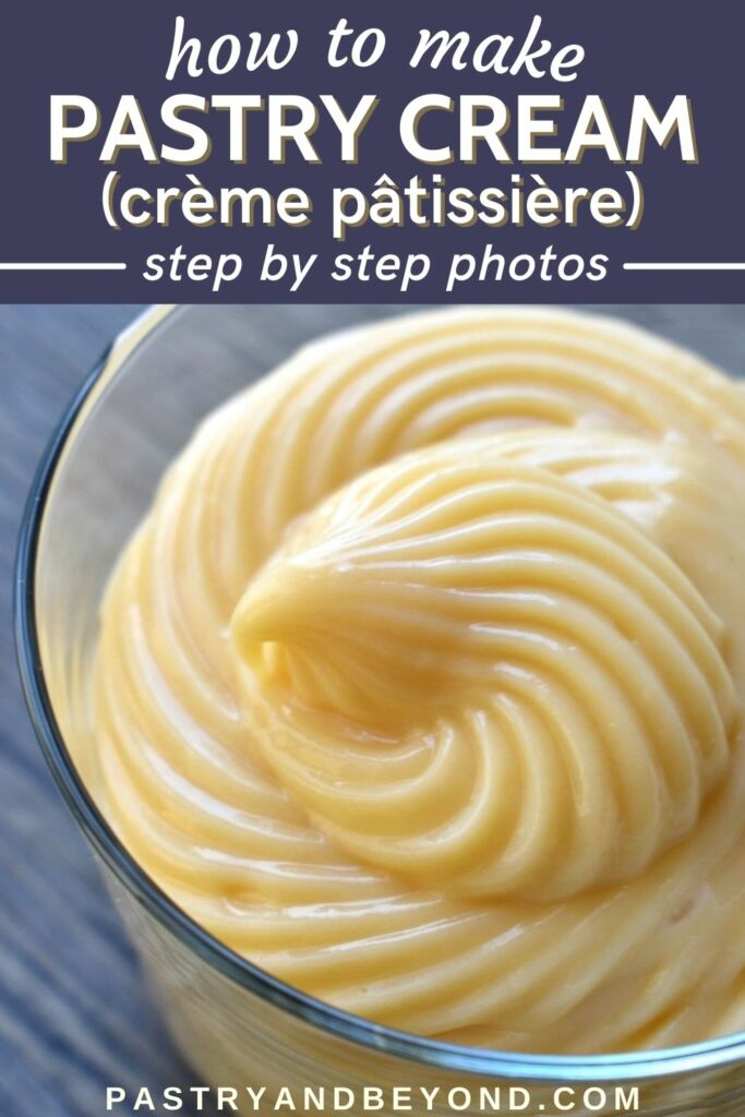 Piped pastry cream with text overlay.