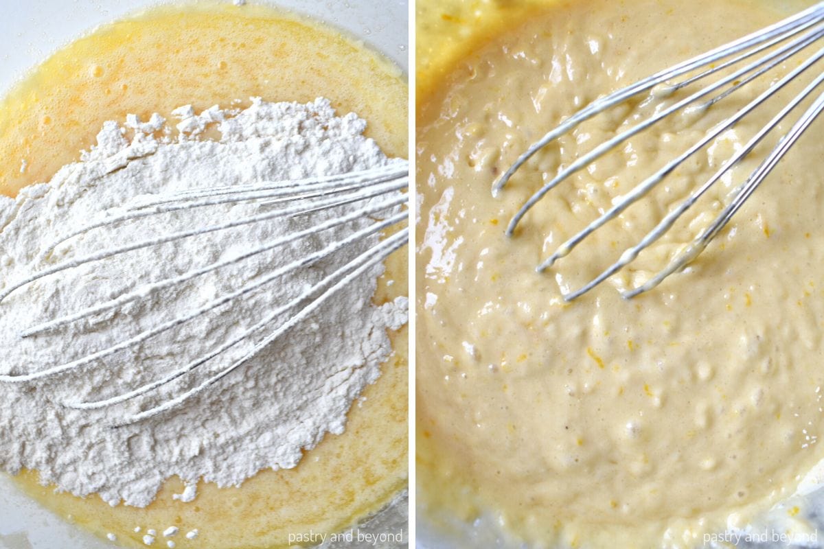 Adding flour mixture into wet ingredients and stirring with a whisk.