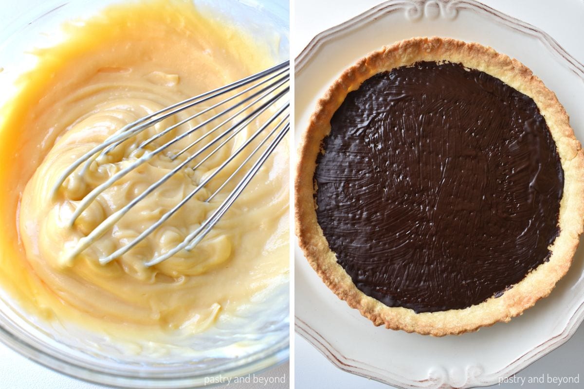 Collage that shows pastry cream and chocolate covered crust side by side.