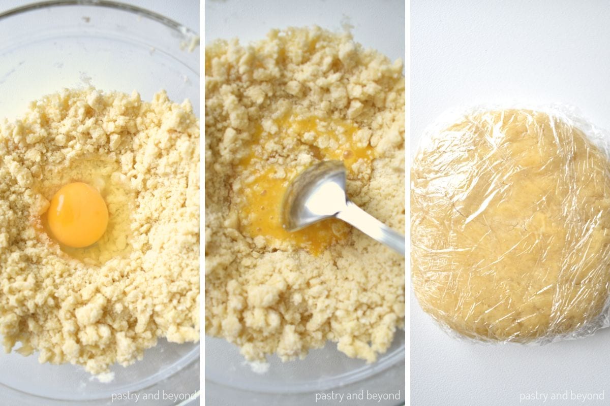 Collage that shows adding egg into the flour mixture, stirring and making disc out of it.