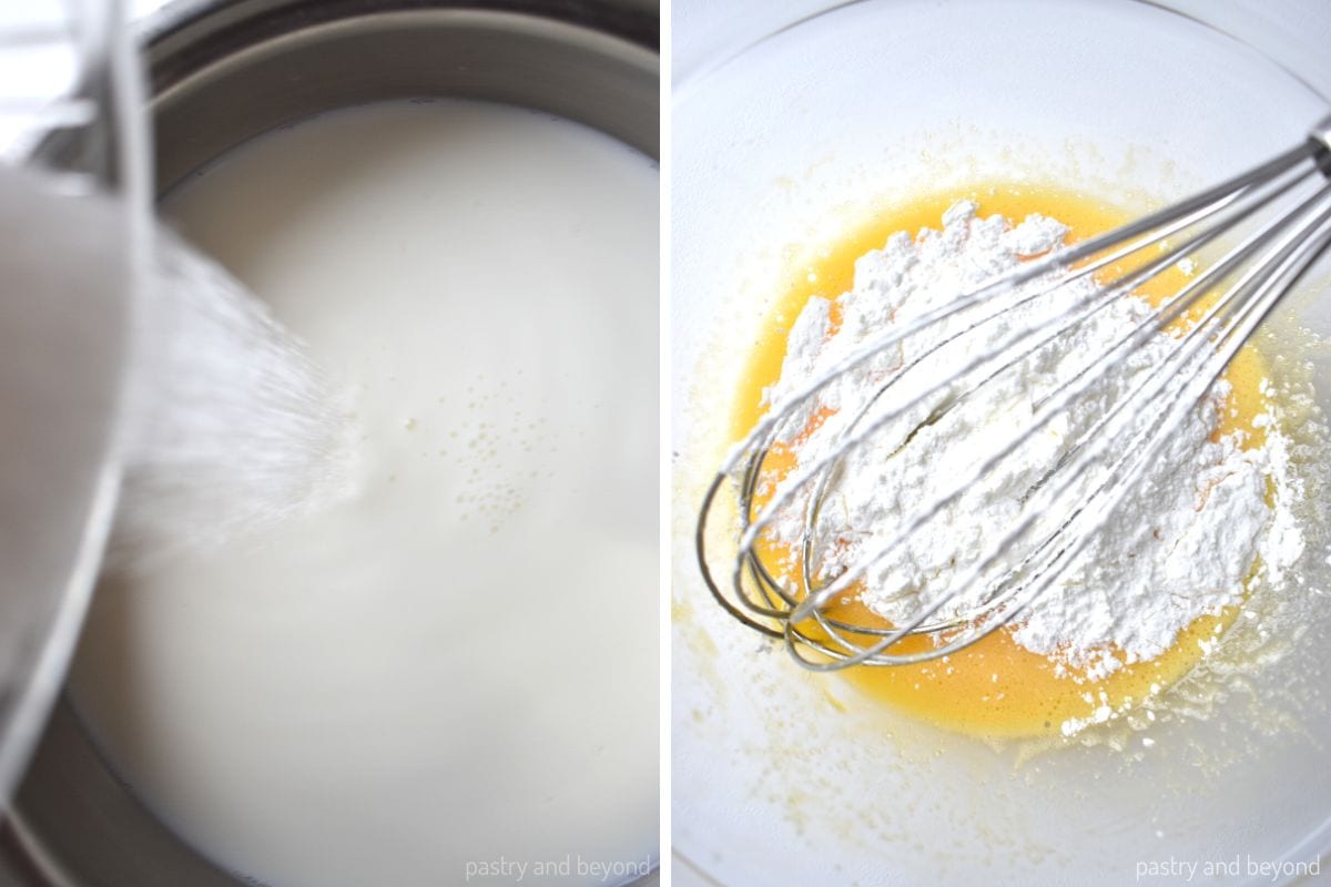 Collage that shows adding sugar to the milk and stirring egg yolks with sugar and cornstarch. 