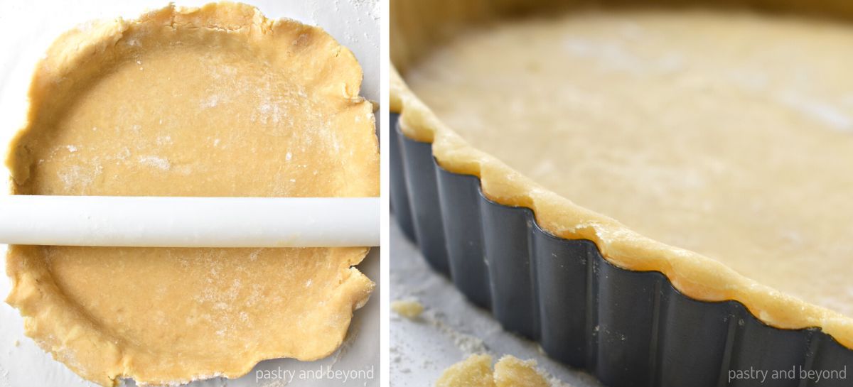 Collage that shows tart dough in a tart pan from above and side.