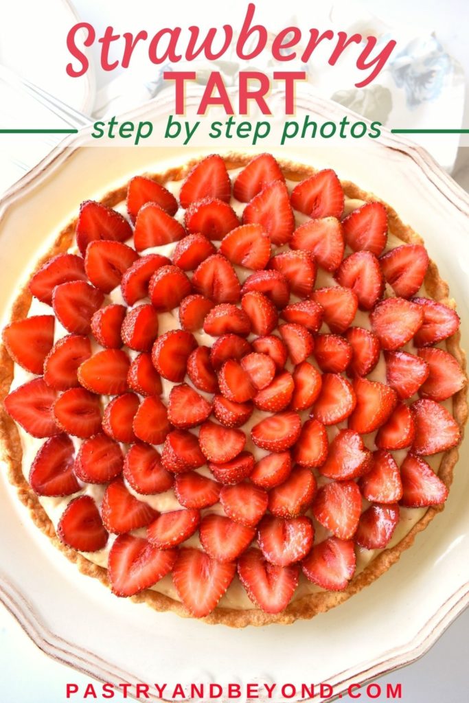 Strawberry custard tart with text overlay.