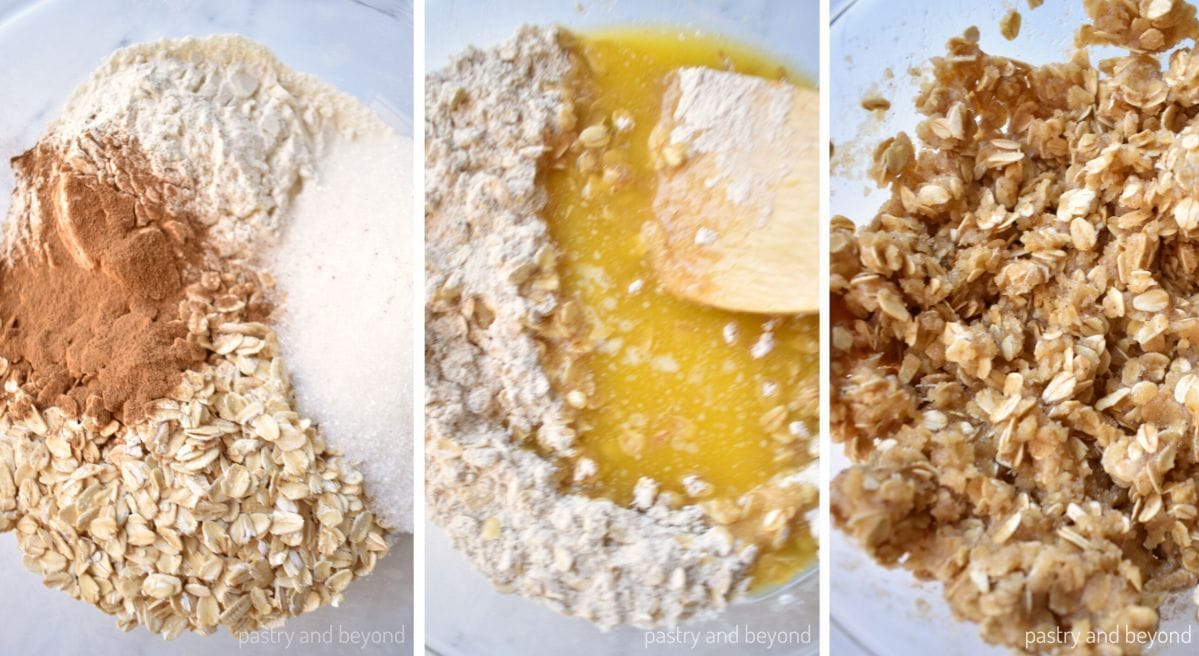 Collage that shows the process of making crumbles.