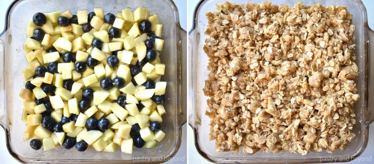 Collage that shows apple blueberry filling in a baking dish and crumbles on top.