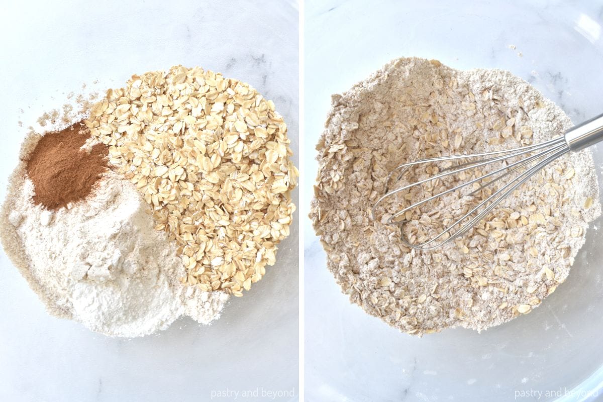 Collage that shows combining dry ingredients.