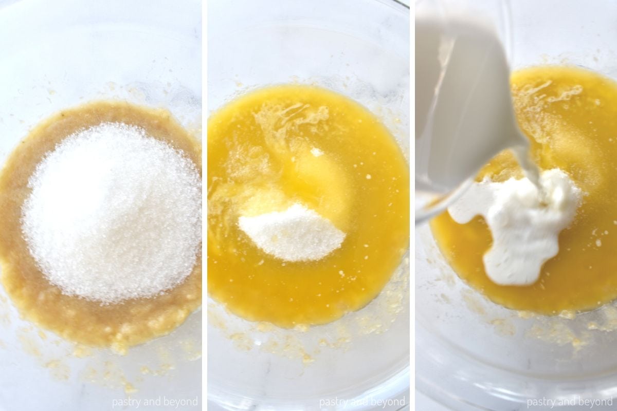 Collage that shows adding sugar, melted butter and milk on top.