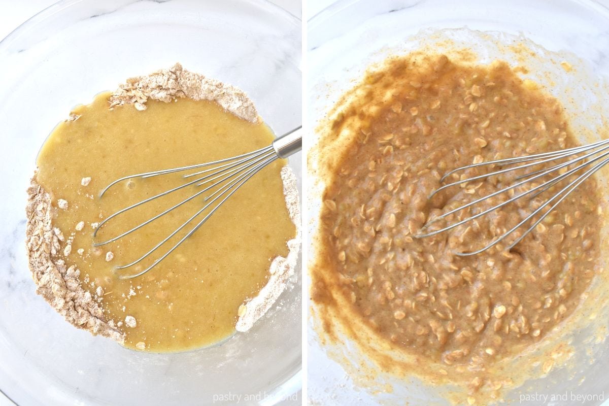 Collage of adding banana mixture over oatmeal mixture and stirring.