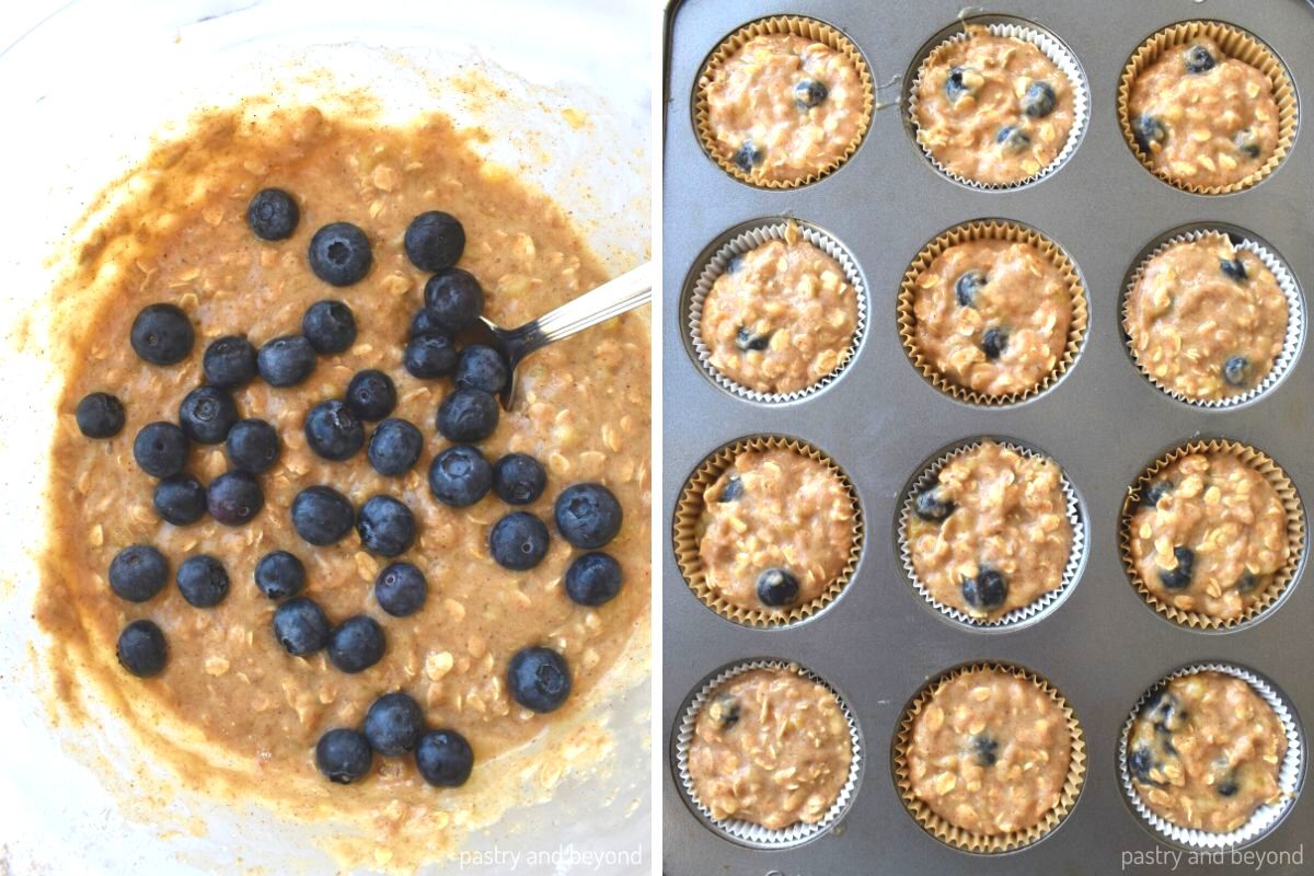Collage that shows adding blueberries into the mixture and batter that is divided into the muffin pan.