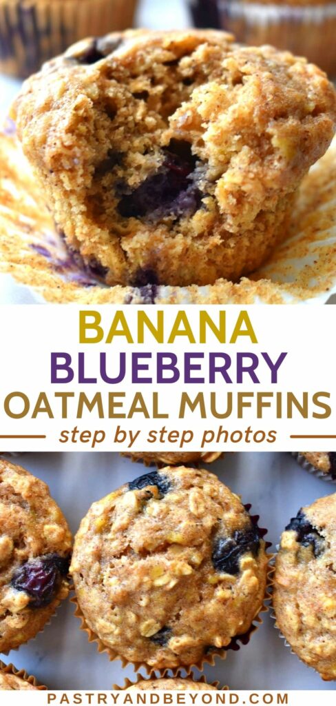 Collage for banana blueberry oatmeal muffins with text overlay.