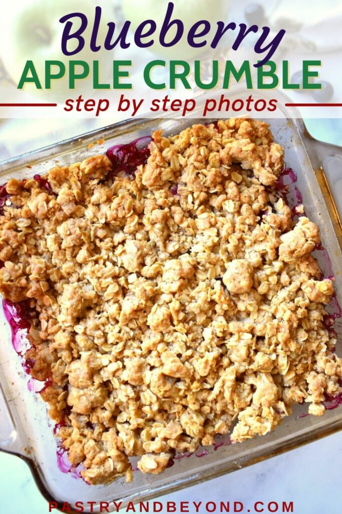 Apple blueberry crumble with text overlay.
