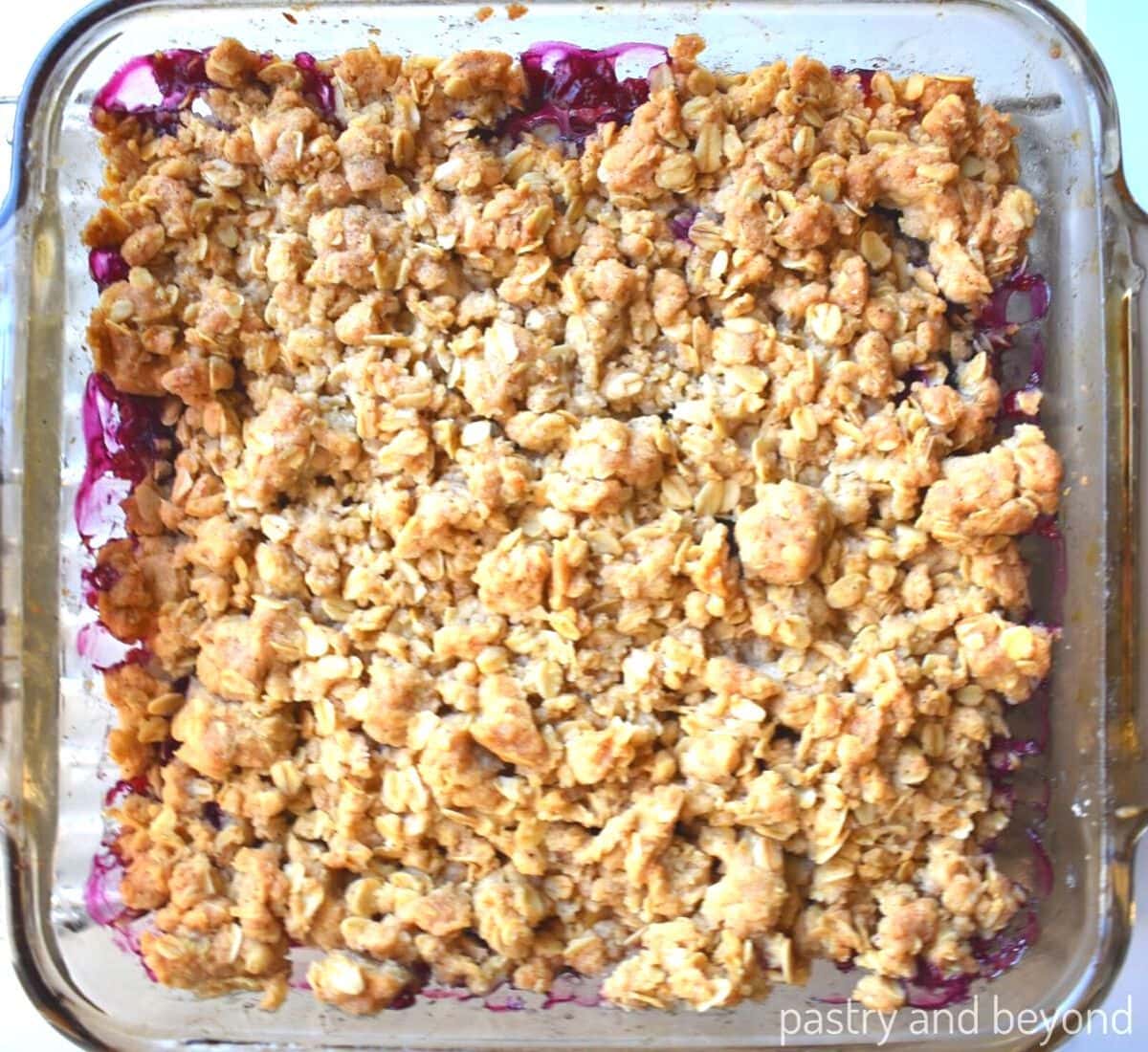 Blueberry apple crumble in a baking dish.