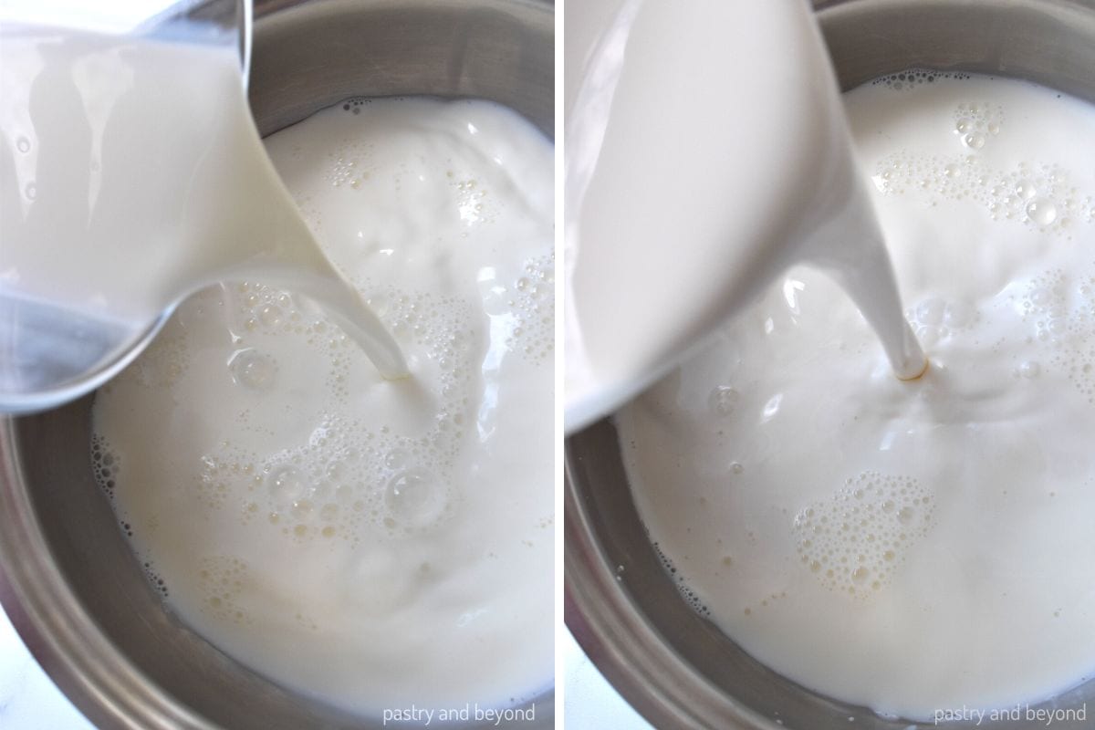 Adding milk and heavy cream into the saucepan.