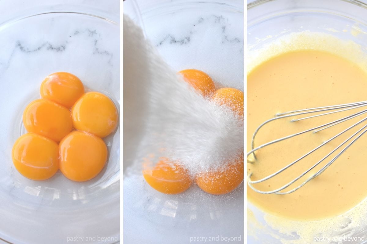 Collage for whisking egg yolks and sugar in a glass bowl.