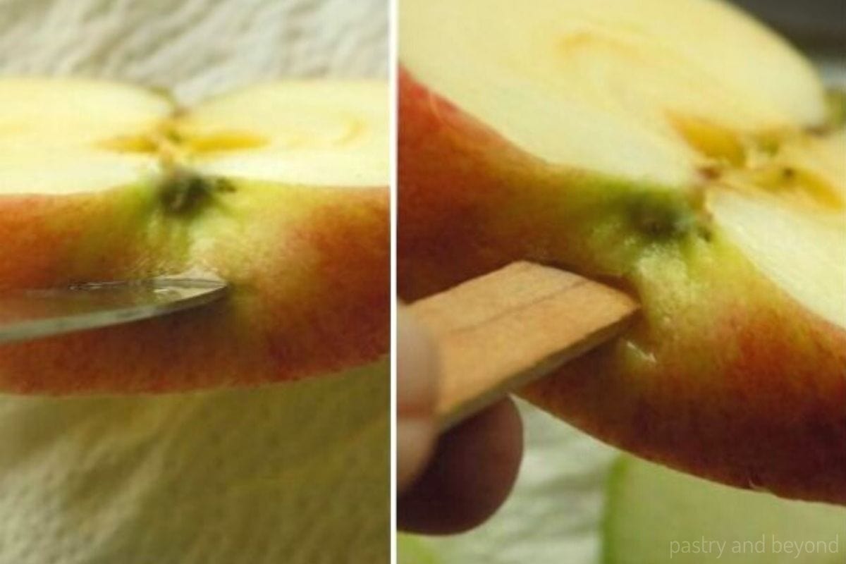 Making a small slit to the bottom of the apple slice to insert a stick.