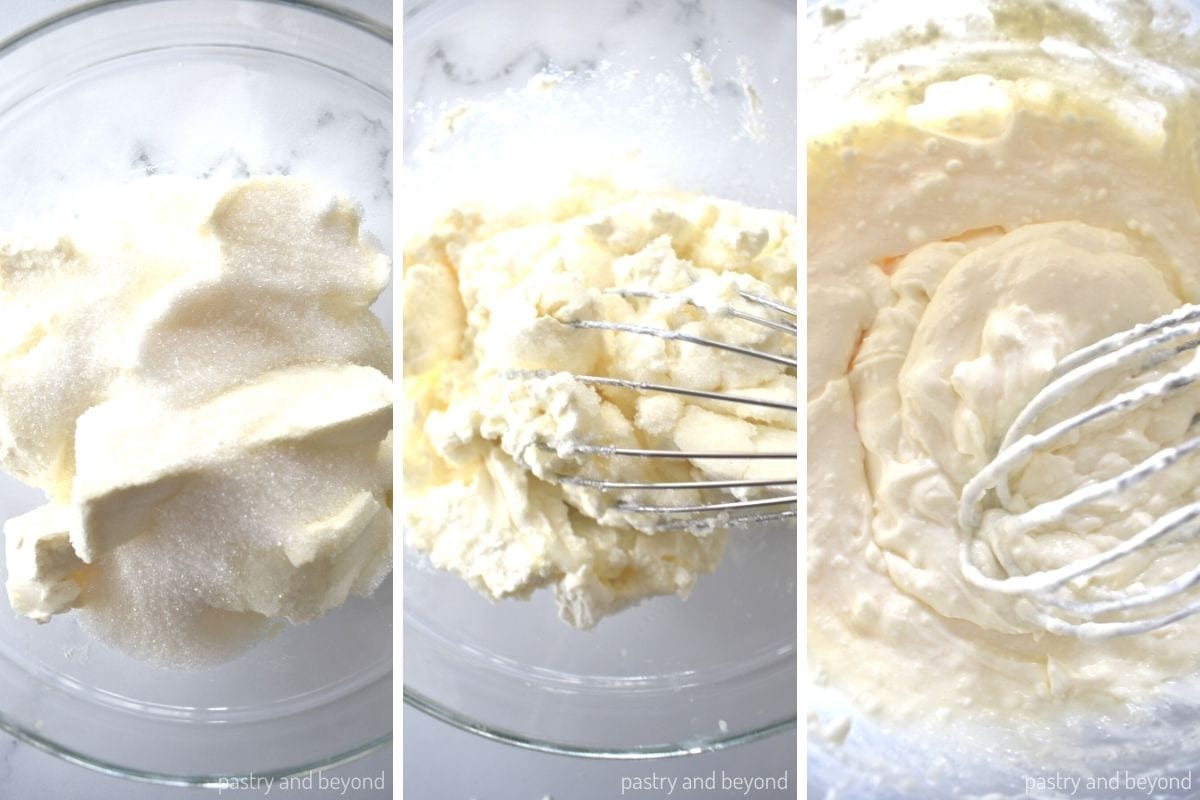 Collage that shows beating cream cheese and sugar.