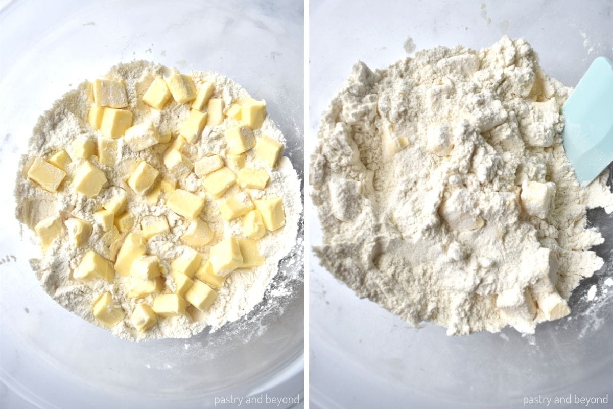 Collage that shows covering butter pieces with flour.