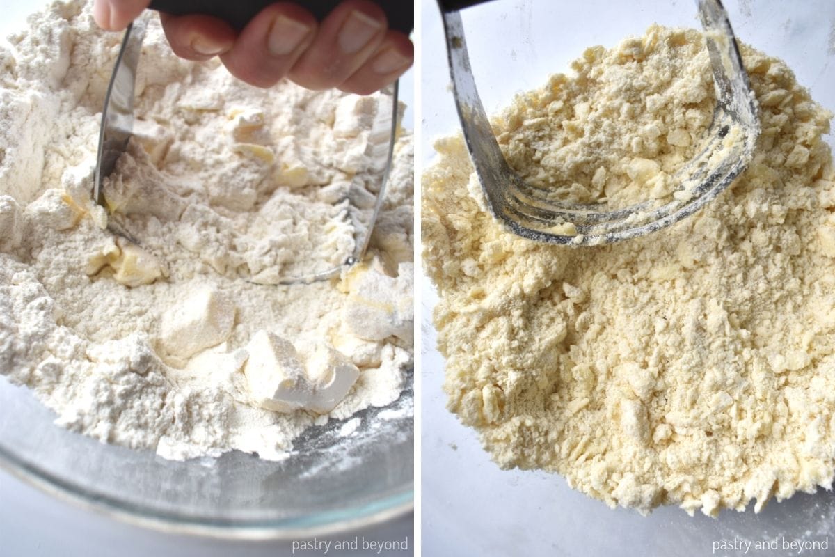Collage that shows cutting butter into flour with a pastry cutter.