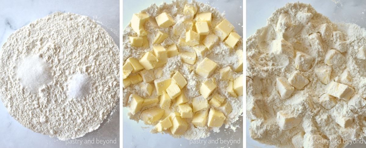 Collage showing flour mixture, butter on flour mixture and flour covered butter.