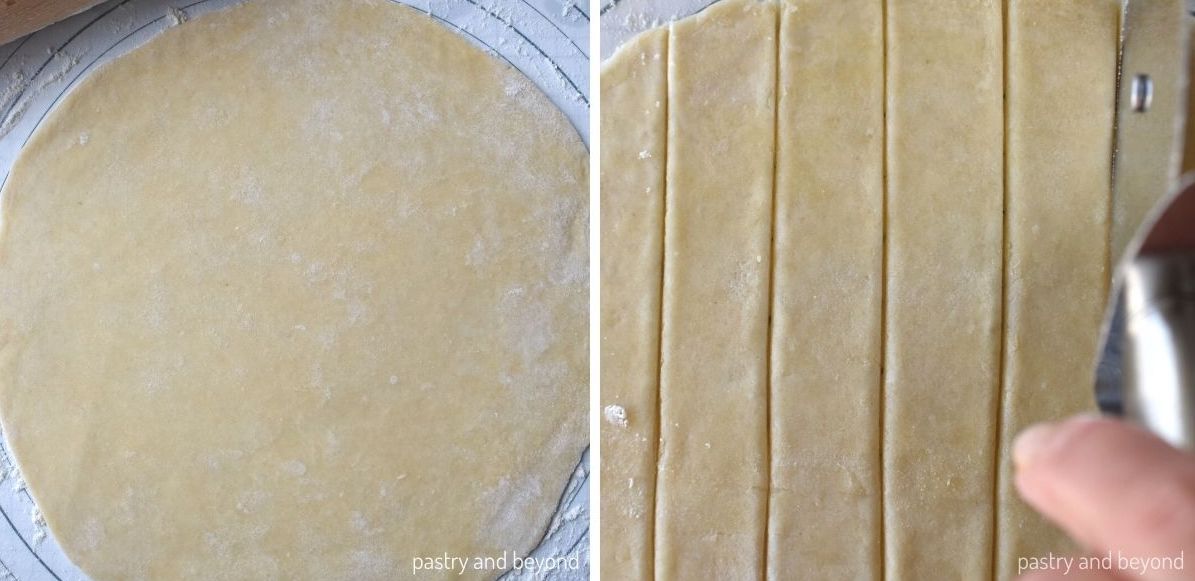 Collage that shows rolling out the dough and cutting into strips.