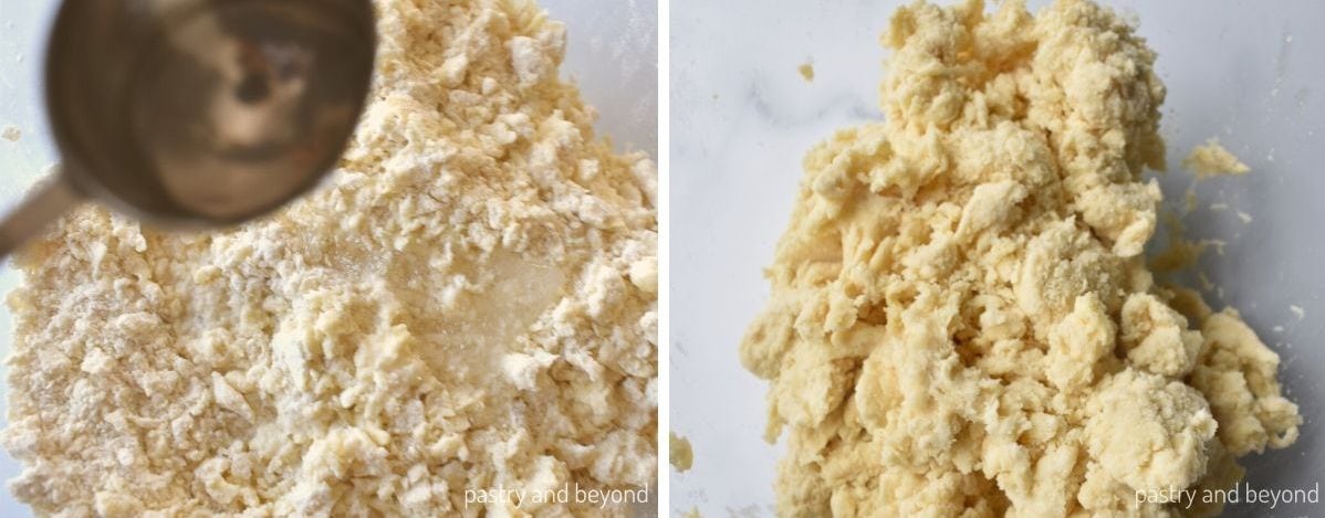 Collage that shows adding the liquid to the flour mixture until lumps form.