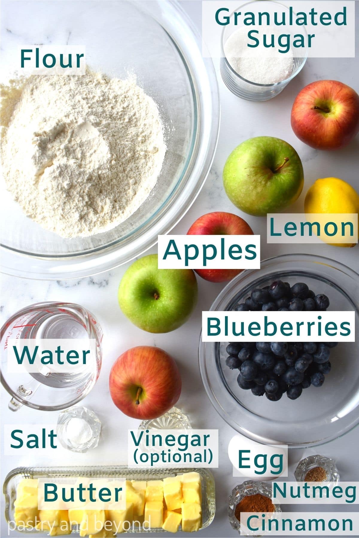 Ingredients to make apple blueberry pie.