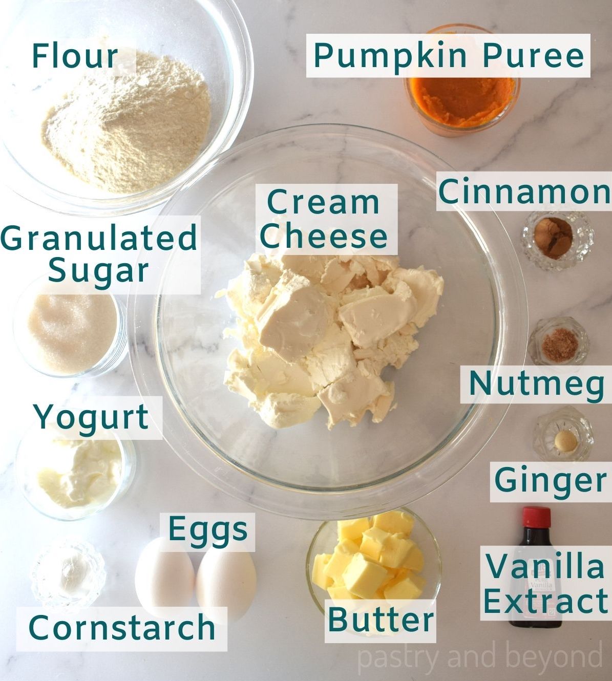 Ingredients to make pumpkin swirl cheesecake bars.