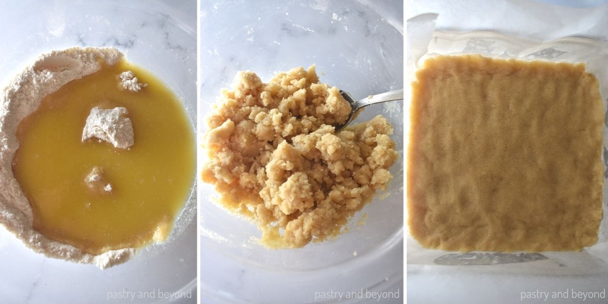 Collage that shows adding melted butter over flour mixture, stirring with a spoon and spreading the dough on a dish.