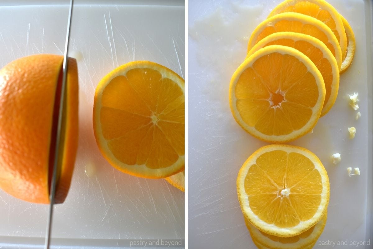 Collage that shows slicing the oranges.