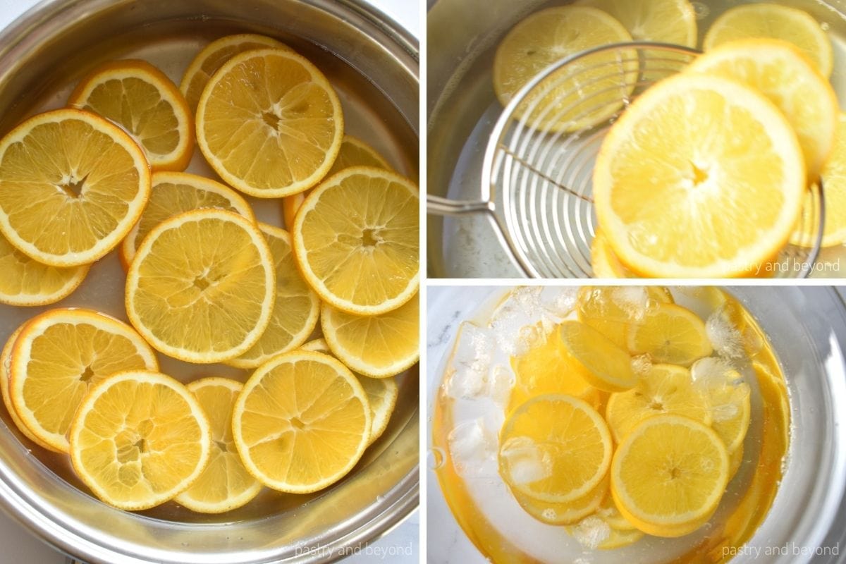Collage that shows the steps of blanching the oranges.