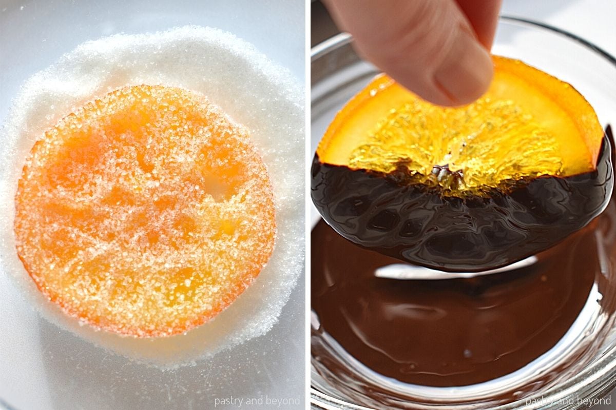 Collage that shows covering candied orange slices with granulated sugar and dipping them into chocolate.