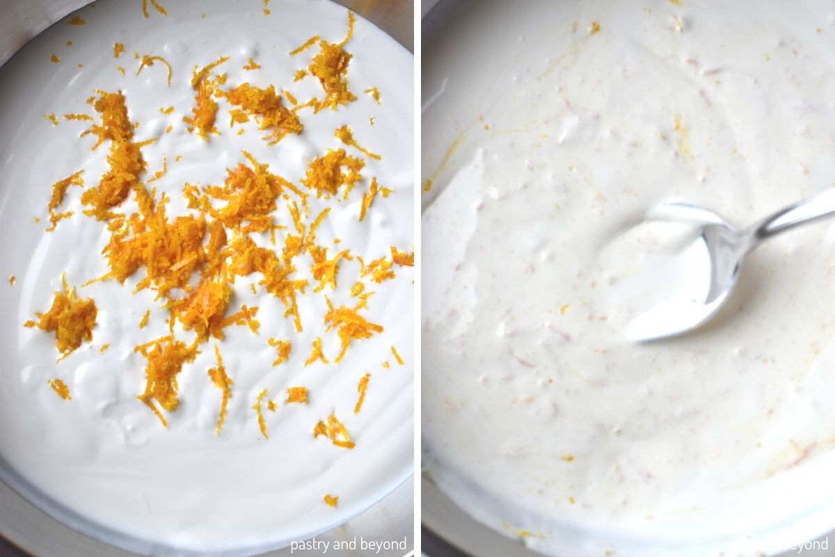 Collage that shows stirring heavy cream and orange zest.