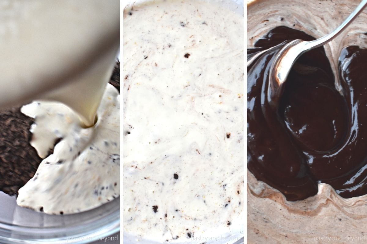 Collage that shows pouring heavy cream over the chopped chocolate and stirring.