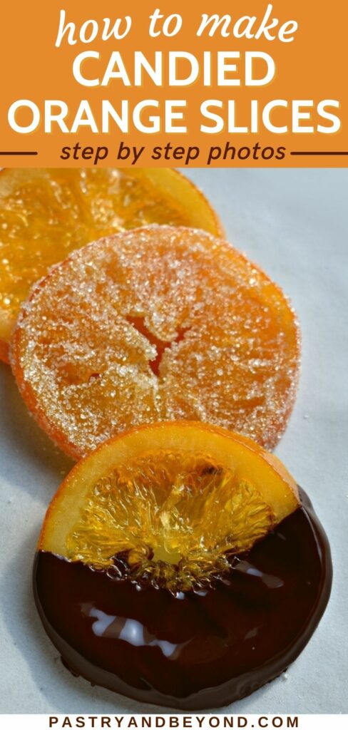 Candied orange slices with text overlay.