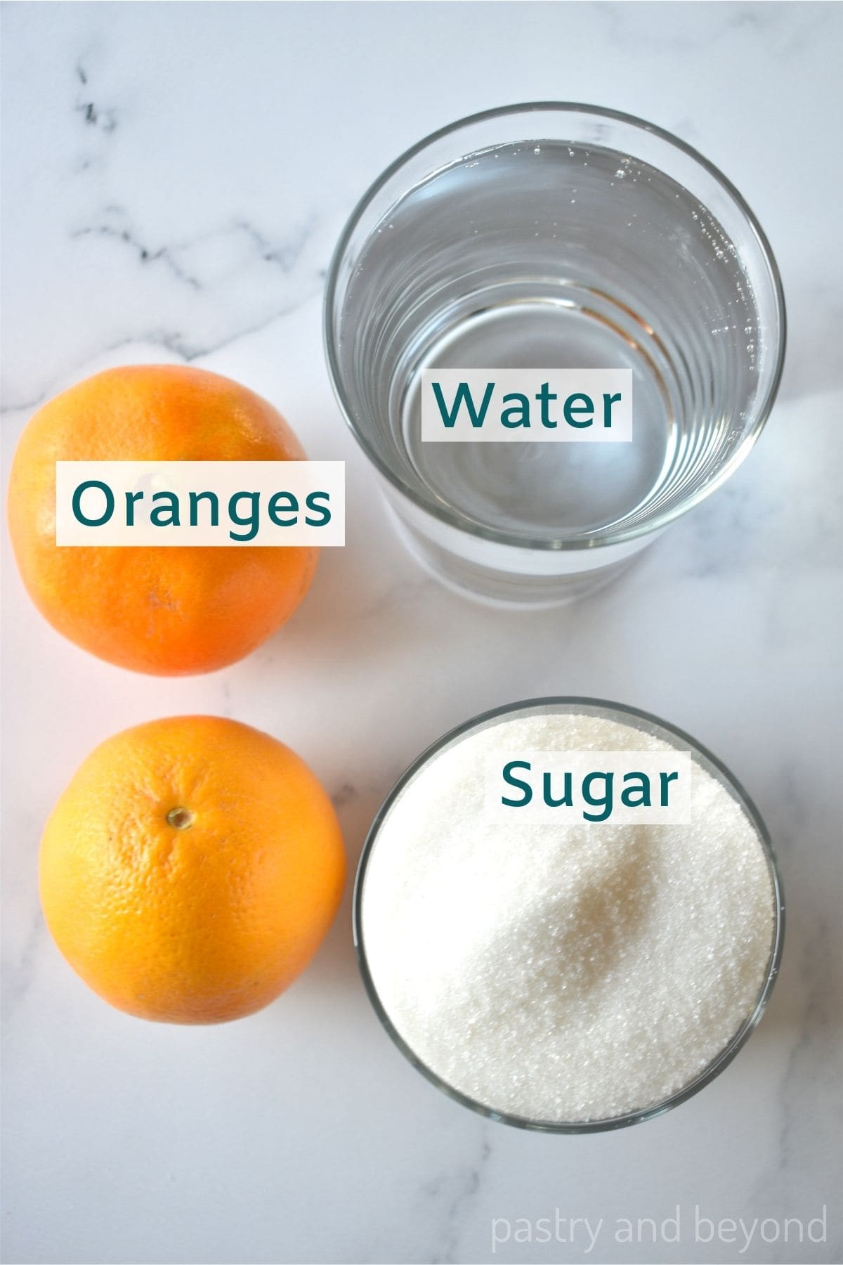 Ingredients to make candied orange slices.