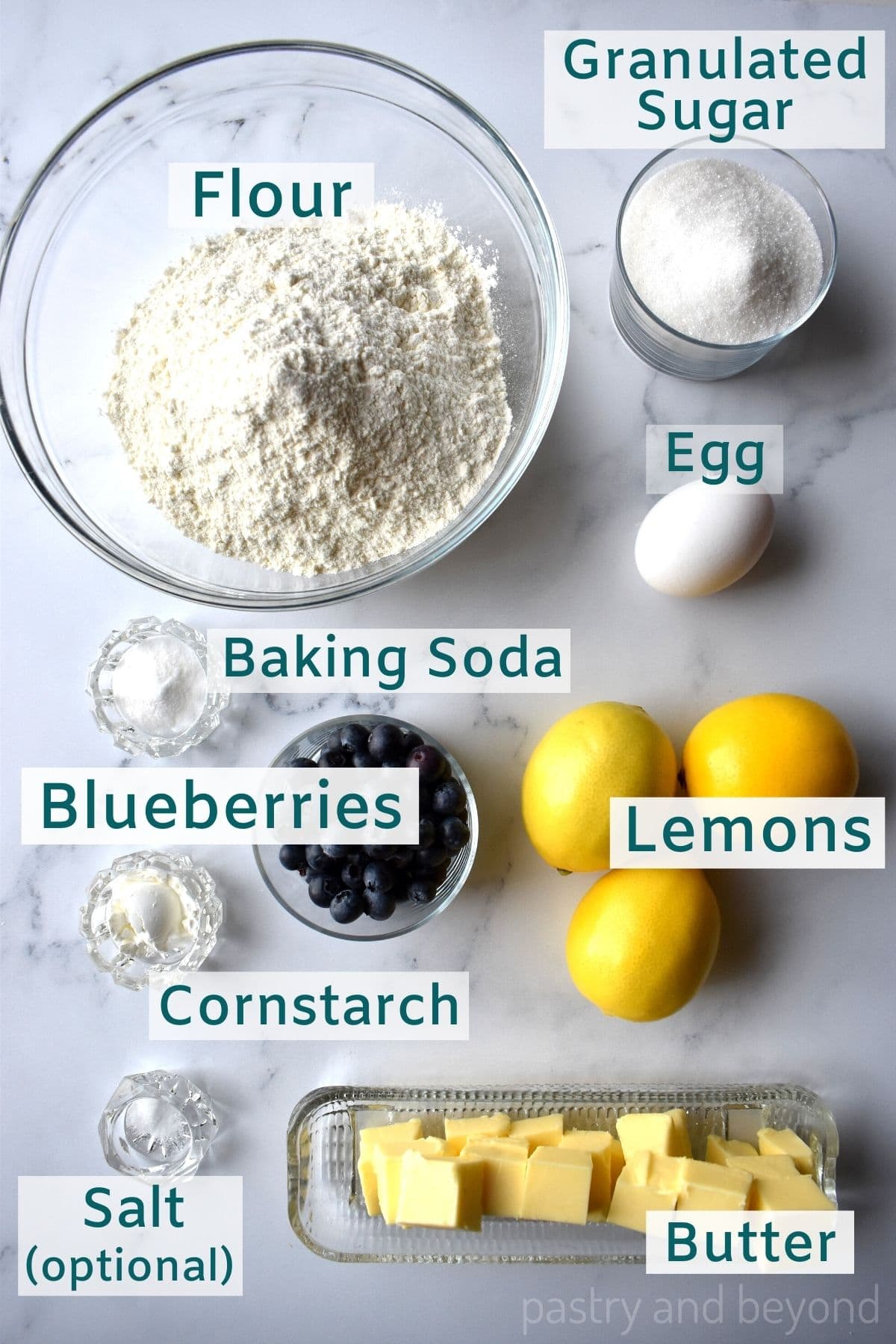 Ingredients to make lemon blueberry cookies.