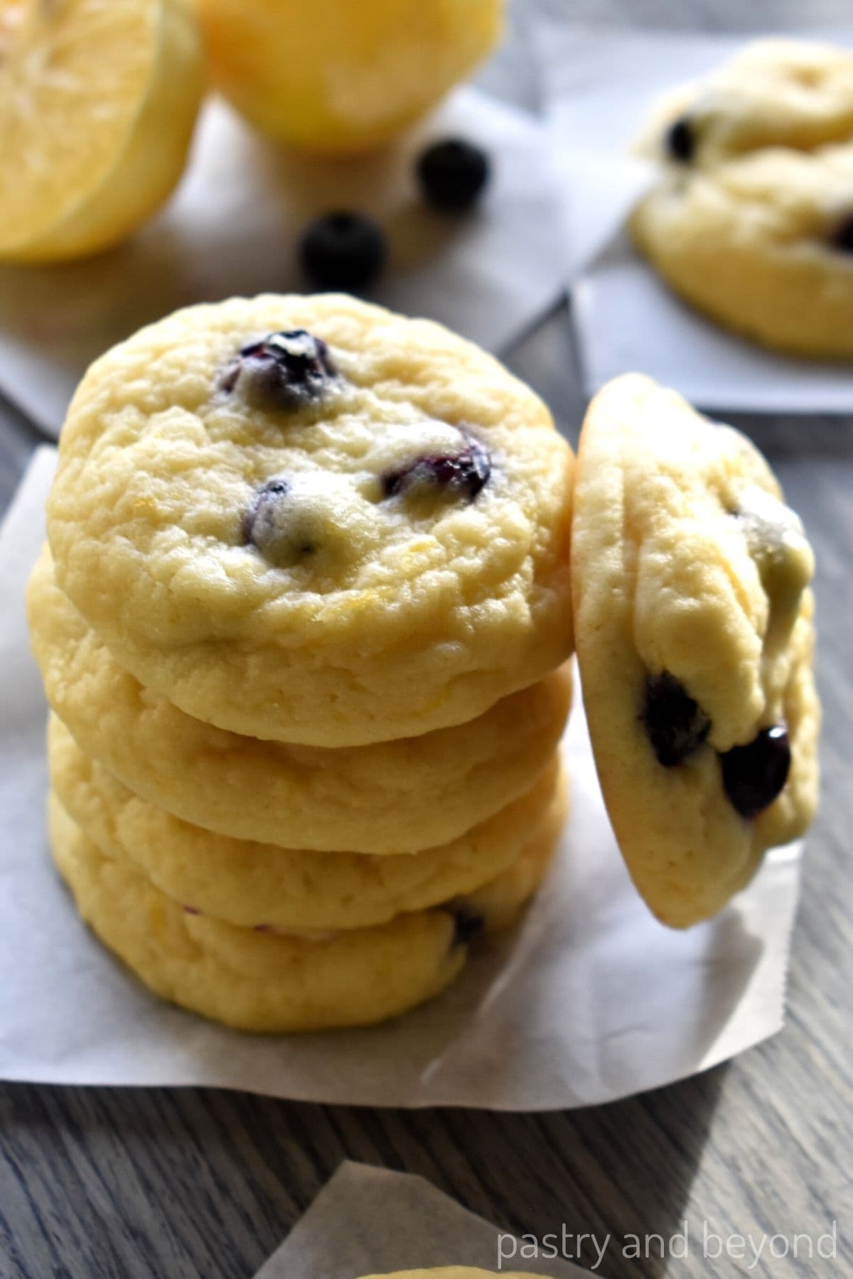 Stacked lemon blueberry cookies.
