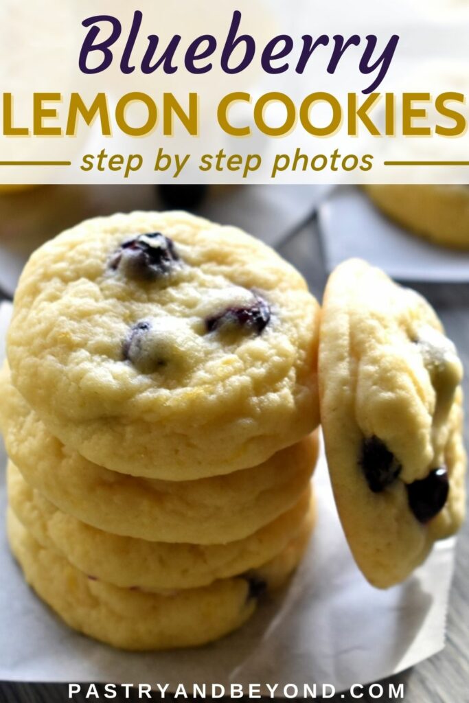 Lemon blueberry cookies with text overlay.