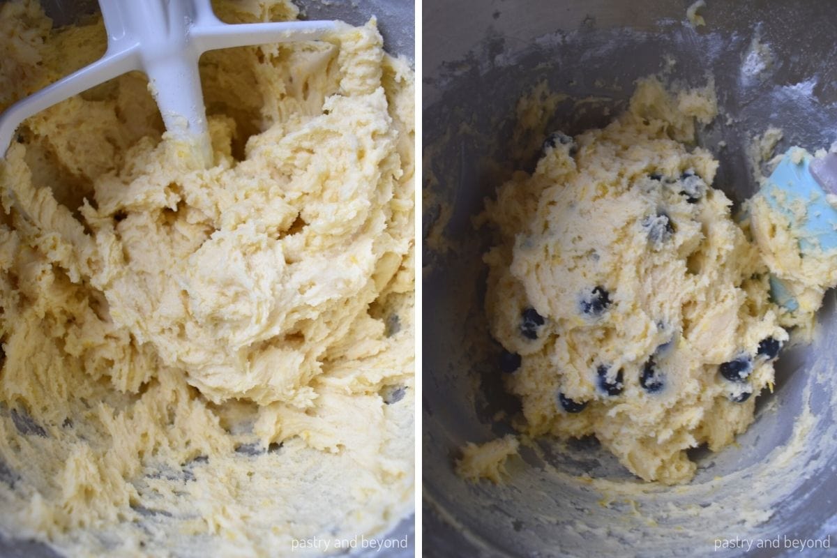 Collage that shows folding the blueberries to the flour added mixture.