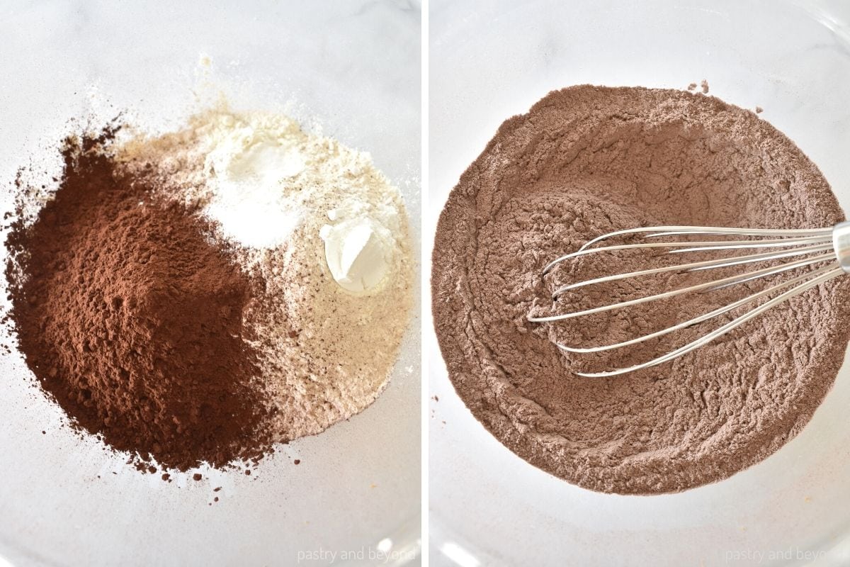 Collage that shows mixing dry ingredients in a bowl with a whisk. 