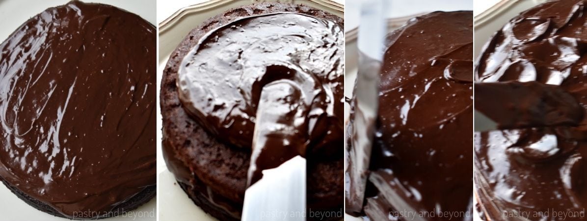 Collage that shows covering the cake with ganache.