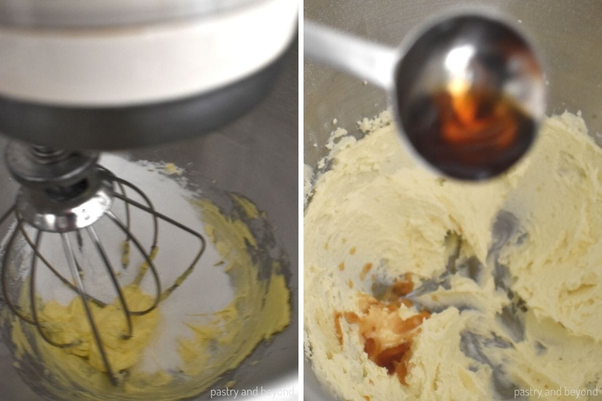 Collage that shows adding powdered sugar and vanilla extract into the creamed butter.