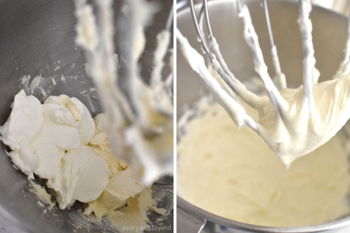 Collage that shows adding cream cheese to the mixture and after whipped.