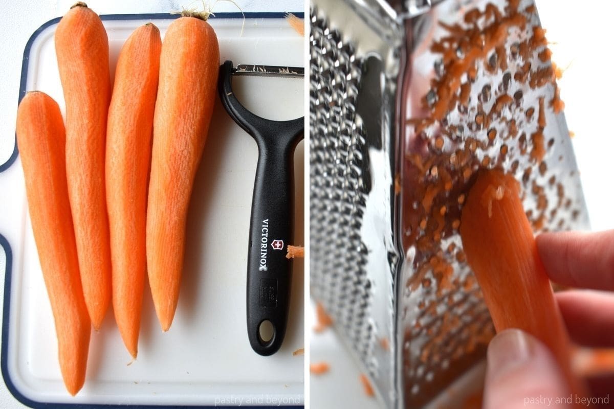 Collage that shows peeled carrots and grating a carrot.